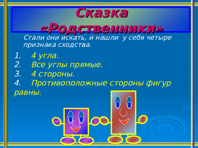 Сказка «Родственники» Стали они искать, и нашли у себя четыре признака сходства.   1. 4 угла. 2 . Все углы прямые. 3 . 4 стороны. 4. Противоположные стороны фигур равны. 