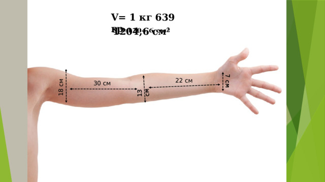 7 см 13 см 18 см V= 1 кг 639 гр  1204,6 см 2   22 см 30 см 