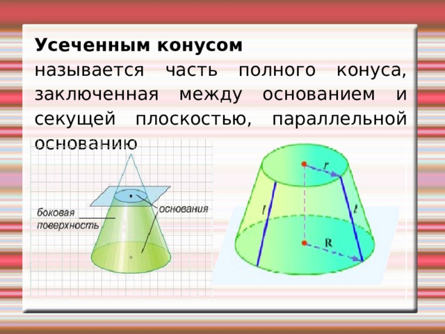 Усеченным конусом называется часть полного конуса, заключенная между основанием и секущей плоскостью, параллельной основанию 