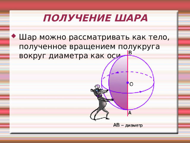 ПОЛУЧЕНИЕ ШАРА  Шар можно рассматривать как тело, полученное вращением полукруга вокруг диаметра как оси .  