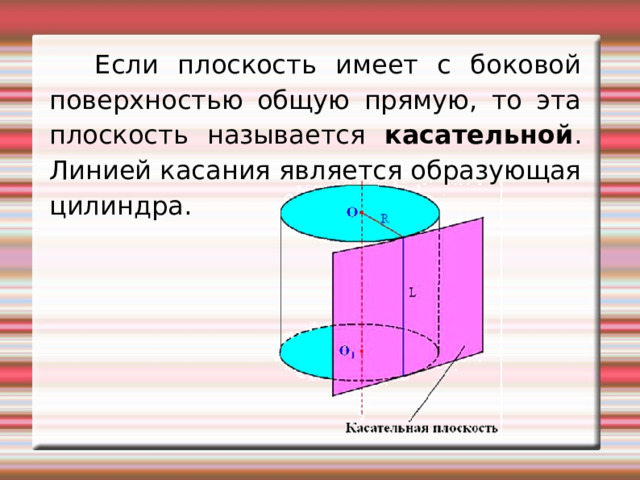  Если плоскость имеет с боковой поверхностью общую прямую, то эта плоскость называется касательной . Линией касания является образующая цилиндра. 