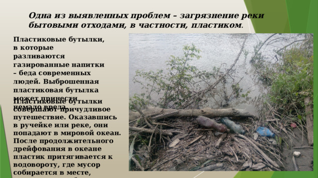 Одна из выявленных проблем – загрязнение реки бытовыми отходами, в частности, пластиком . Пластиковые бутылки, в которые разливаются газированные напитки – беда современных людей. Выброшенная пластиковая бутылка может принести немало вреда. Пластиковые бутылки совершают причудливое путешествие. Оказавшись в ручейке или реке, они попадают в мировой океан. После продолжительного дрейфования в океане пластик притягивается к водовороту, где мусор собирается в месте, известном как большое тихоокеанское мусорное пятно. 