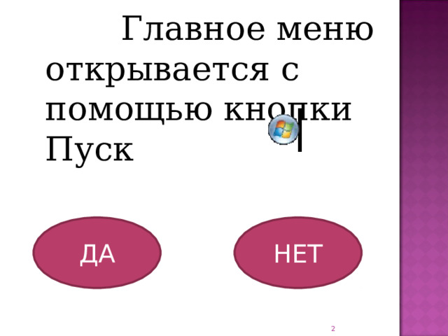  Главное меню открывается с помощью кнопки Пуск ДА НЕТ  