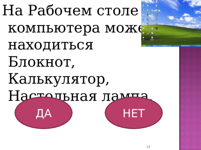На Рабочем столе компьютера может находиться Блокнот, Калькулятор, Настольная лампа. ДА НЕТ  