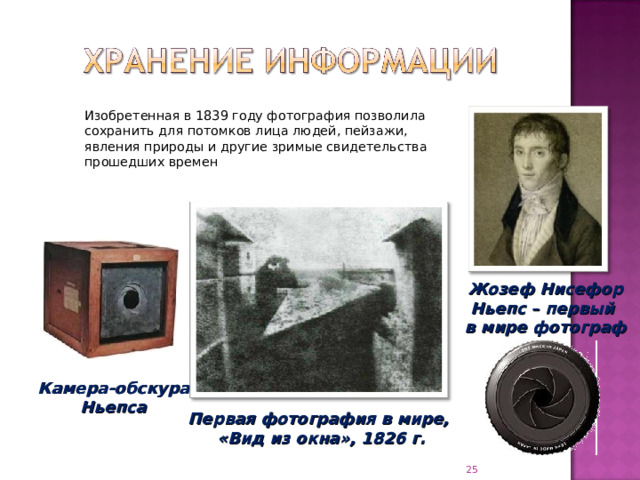 Изобретенная в 1839 году фотография позволила сохранить для потомков лица людей, пейзажи, явления природы и другие зримые свидетельства прошедших времен Жозеф Нисефор Ньепс – первый  в мире фотограф  Камера-обскура  Ньепса Первая фотография в мире,  «Вид из окна», 1826 г.  
