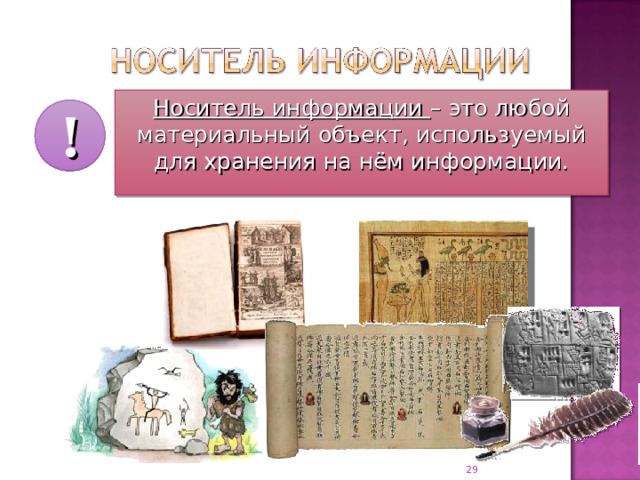 Носитель информации – это любой материальный объект, используемый для хранения на нём информации. ! 27 