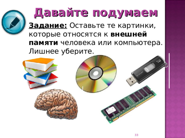 Давайте подумаем Задание: Оставьте те картинки, которые относятся к внешней памяти человека или компьютера. Лишнее уберите.  