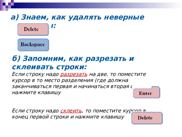 а) Знаем, как удалять неверные символы: б) Запомним, как разрезать и склеивать строки: Если строку надо разрезать на две, то поместите курсор в то место разделения (где должна заканчиваться первая и начинаться вторая строка) и нажмите клавишу   Если строку надо склеить , то поместите курсор в конец первой строки и нажмите клавишу   