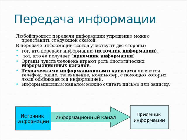 Передача информации Любой  процесс передачи информации упрощенно можно представить следующей схемой: В передаче информации всегда участвуют две стороны: тот, кто передает информацию ( источник информации ),  тот, кто ее получает ( приемник информации ) Органы чувств человека играют роль биологических информационных каналов . Техническими информационными каналами являются телефон, радио, телевидение, компьютер, с помощью которых люди обмениваются информацией. Информационным каналом можно считать письмо или записку. Приемник информации Источник информации Информационный канал 