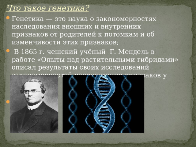 Что такое генетика? Генетика — это наука о закономерностях наследования внешних и внутренних признаков от родителей к потомкам и об изменчивости этих признаков;  В 1865 г. чешский учёный Г. Мендель в работе «Опыты над растительными гибридами» описал результаты своих исследований закономерностей наследования признаков у гороха. 