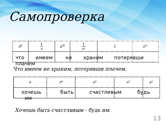 Самопроверка  что имеем не храним потерявши плачем Что имеем не храним, потерявши плачем.  хочешь быть счастливым будь им Хочешь быть счастливым - будь им.  