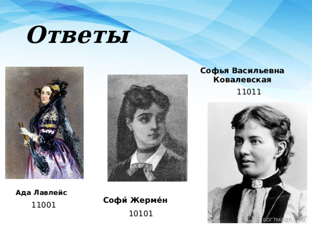 Ответы Софья Васильевна Ковалевская 11011 Ада Лавлейс Cофи́ Жерме́н  11001 10101 