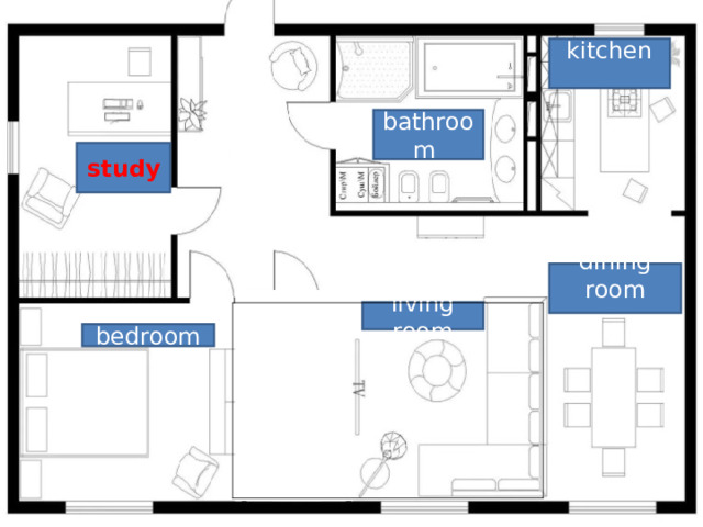 kitchen bathroom study dining room living room bedroom 
