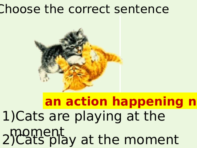 Choose the correct sentence an action happening now 1)Cats are playing at the moment 2)Cats play at the moment 