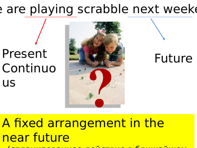 We are playing scrabble next weekend Present Continuous Future A fixed arrangement in the near future (спланированное действие в ближайшем будущем) 
