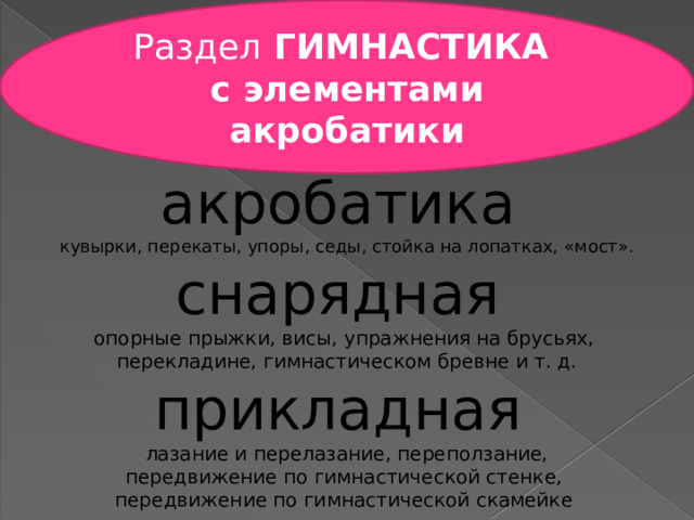 Раздел ГИМНАСТИКА с элементами акробатики акробатика кувырки, перекаты, упоры, седы, стойка на лопатках, «мост». снарядная опорные прыжки, висы, упражнения на брусьях, перекладине, гимнастическом бревне и т. д. прикладная лазание и перелазание, переползание, передвижение по гимнастической стенке, передвижение по гимнастической скамейке 