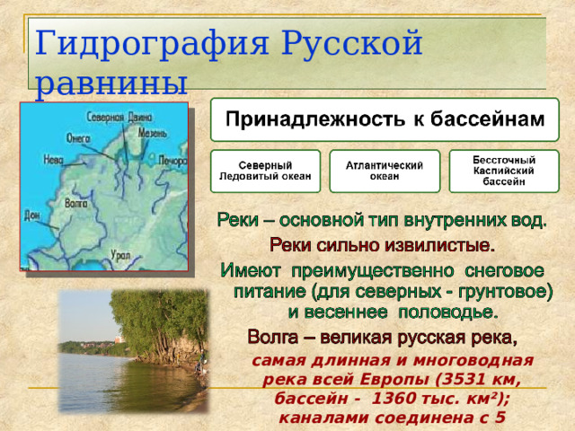 Гидрография Русской равнины самая длинная и многоводная река всей Европы (3531 км, бассейн - 1360 тыс. км²); каналами соединена с 5 морями. 