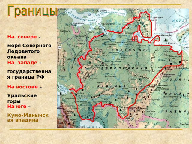 На севере – моря Северного Ледовитого океана На западе – государственная граница РФ На востоке – Уральские горы На юге – Кумо-Манычская впадина 