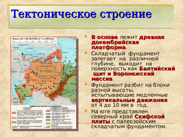 Тектоническое строение В основе лежит древняя докембрийская платформа . Складчатый фундамент залегает на различной глубине, выходит на поверхность как Балтийский щит и Воронежский массив . Фундамент разбит на блоки разной высоты, испытывающие медленные вертикальные движения от 4 до 10 мм в год. На юге представлен северный край Скифской плиты с палеозойским складчатым фундаментом.  