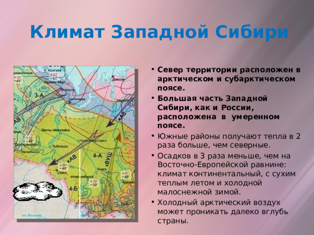 Климат Западной Сибири Север территории расположен в арктическом и субарктическом поясе. Большая часть Западной Сибири, как и России, расположена в умеренном поясе. Южные районы получают тепла в 2 раза больше, чем северные. Осадков в 3 раза меньше, чем на Восточно-Европейской равнине: климат континентальный, с сухим теплым летом и холодной малоснежной зимой. Холодный арктический воздух может проникать далеко вглубь страны. 