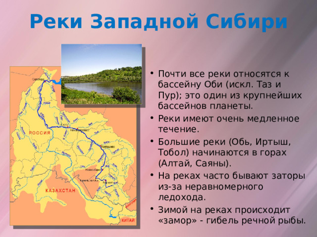 Реки Западной Сибири Почти все реки относятся к бассейну Оби (искл. Таз и Пур); это один из крупнейших бассейнов планеты. Реки имеют очень медленное течение. Большие реки (Обь, Иртыш, Тобол) начинаются в горах (Алтай, Саяны). На реках часто бывают заторы из-за неравномерного ледохода. Зимой на реках происходит «замор» - гибель речной рыбы. 
