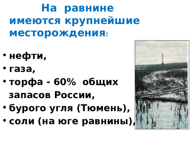  На равнине имеются крупнейшие месторождения :  нефти, газа, торфа - 60% общих  запасов России, бурого угля (Тюмень), соли (на юге равнины),  