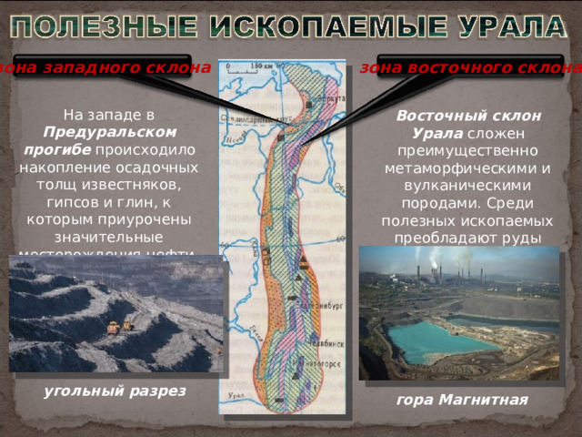 зона западного склона зона восточного склона На западе в Предуральском прогибе происходило накопление осадочных толщ известняков, гипсов и глин, к которым приурочены значительные месторождения нефти, калийных солей и угля Восточный склон Урала сложен преимущественно метаморфическими и вулканическими породами. Среди полезных ископаемых преобладают руды железа и цветных металлов угольный  разрез гора Магнитная 