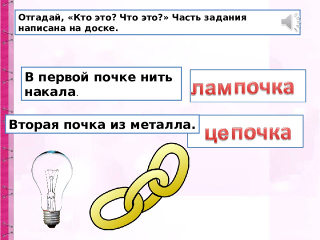 Отгадай, «Кто это? Что это?» Часть задания написана на доске. В первой почке нить накала . Вторая почка из металла. 