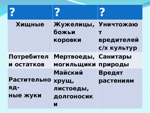 ? ? Хищные Жужелицы, божьи коровки Потребители остатков ? Мертвоеды, могильщики  Растительнояд- ные жуки Уничтожают вредителей с/х культур Майский хрущ, листоеды, долгоносики Санитары природы Вредят растениям 
