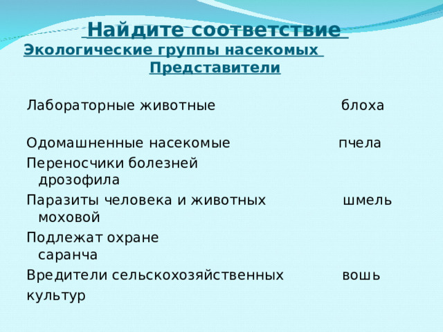  Найдите соответствие  Экологические группы насекомых  Представители Лабораторные животные блоха Одомашненные насекомые пчела Переносчики болезней дрозофила Паразиты человека и животных шмель моховой Подлежат охране саранча Вредители сельскохозяйственных вошь культур 