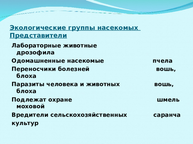 Экологические группы насекомых  Представители Лабораторные животные дрозофила Одомашненные насекомые пчела Переносчики болезней вошь, блоха Паразиты человека и животных вошь, блоха Подлежат охране шмель моховой Вредители сельскохозяйственных саранча культур 