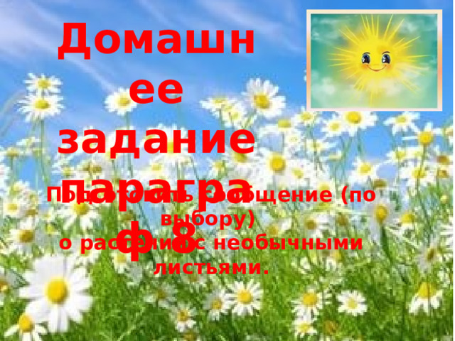 Домашнее задание параграф 8 Подготовить сообщение (по выбору) о растении с необычными листьями. 