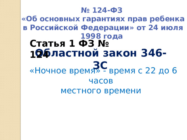 № 124-ФЗ  «Об основных гарантиях прав ребенка в Российской Федерации» от 24 июля 1998 года   Статья 1 ФЗ № 124  Областной закон 346-ЗС  «Ночное время» - время с 22 до 6 часов  местного времени 