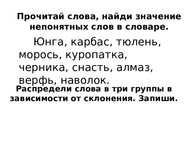 Прочитай слова, найди значение непонятных слов в словаре.  Юнга, карбас, тюлень, морось, куропатка, черника, снасть, алмаз, верфь, наволок. Распредели слова в три группы в зависимости от склонения. Запиши. 