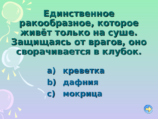 Единственное ракообразное, которое живёт только на суше. Защищаясь от врагов, оно сворачивается в клубок.   креветка   дафния   мокрица 