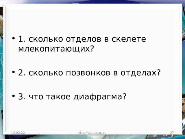 1. сколько отделов в скелете млекопитающих?  2. сколько позвонков в отделах?  3. что такое диафрагма?   13.02.22 http://aida.ucoz.ru  