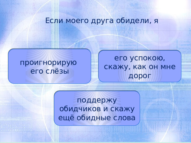  Если моего друга обидели, я проигнорирую его слёзы его успокою, скажу, как он мне дорог поддержу обидчиков и скажу ещё обидные слова 