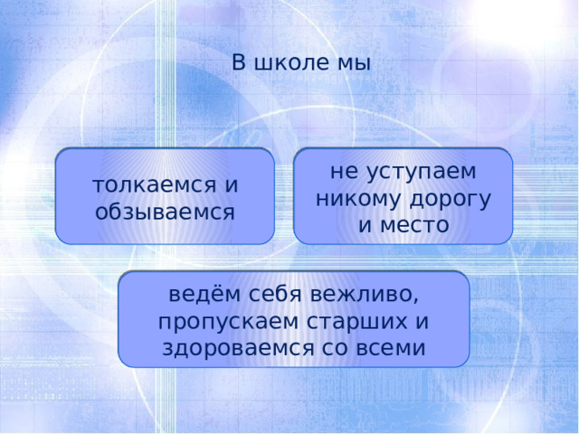 В школе мы толкаемся и обзываемся не уступаем никому дорогу и место ведём себя вежливо, пропускаем старших и здороваемся со всеми 