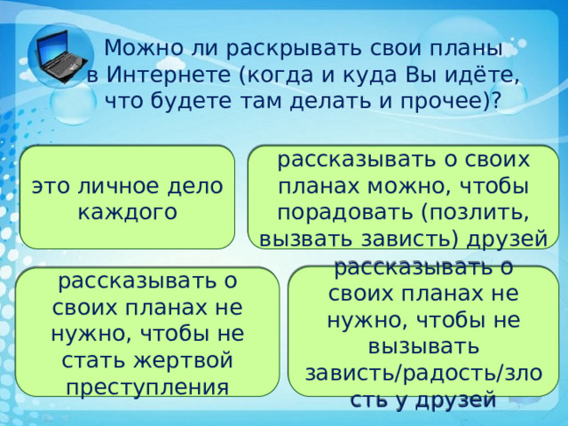  Можно ли раскрывать свои планы  в Интернете (когда и куда Вы идёте, что будете там делать и прочее)? это личное дело каждого рассказывать о своих планах можно, чтобы порадовать (позлить, вызвать зависть) друзей рассказывать о своих планах не нужно, чтобы не вызывать зависть/радость/злость у друзей рассказывать о своих планах не нужно, чтобы не стать жертвой преступления 
