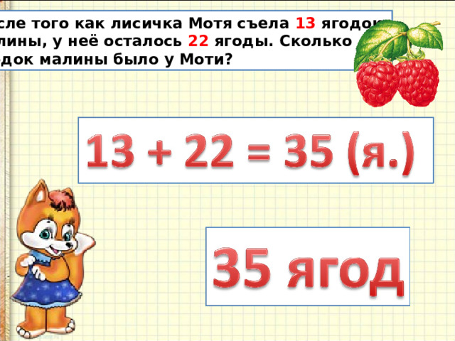 После того как лисичка Мотя съела 13 ягодок малины, у неё осталось 22 ягоды. Сколько ягодок малины было у Моти? 