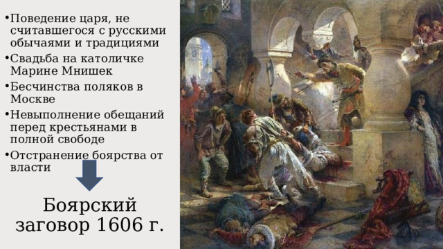 Поведение царя, не считавшегося с русскими обычаями и традициями Свадьба на католичке Марине Мнишек Бесчинства поляков в Москве Невыполнение обещаний перед крестьянами в полной свободе Отстранение боярства от власти Боярский заговор 1606 г. 