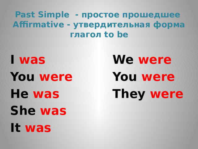Past Simple - простое прошедшее  Affirmative - утвердительная форма  глагол to be I was We were You were You were He was They were She was It was 