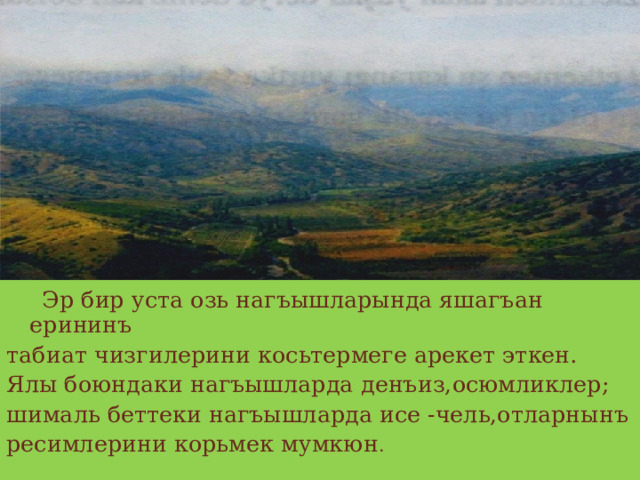  Эр бир уста озь нагъышларында яшагъан ерининъ табиат чизгилерини косьтермеге арекет эткен. Ялы боюндаки нагъышларда  денъиз,осюмликлер; шималь беттеки нагъышларда исе -чель,отларнынъ ресимлерини корьмек мумкюн . 