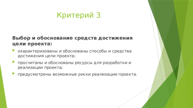 Критерий 3 Выбор и обоснование средств достижения цели проекта: охарактеризованы и обоснованы способы и средства достижения цели проекта; просчитаны и обоснованы ресурсы для разработки и реализации проекта; предусмотрены возможные риски реализации проекта. 