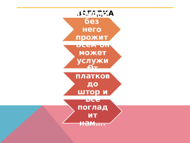 ЗАГАДКА Трудно без него прожить, Всем он может услужить. От платков до штор и брюк Всё погладит нам…. 