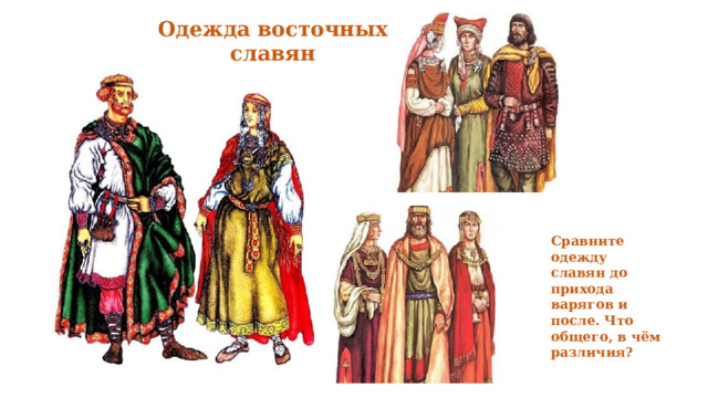 Одежда восточных славян Сравните одежду славян до прихода варягов и после. Что общего, в чём различия? 