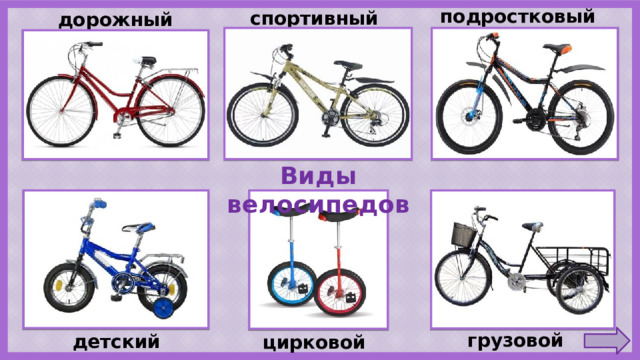 подростковый спортивный дорожный Виды велосипедов грузовой детский цирковой 