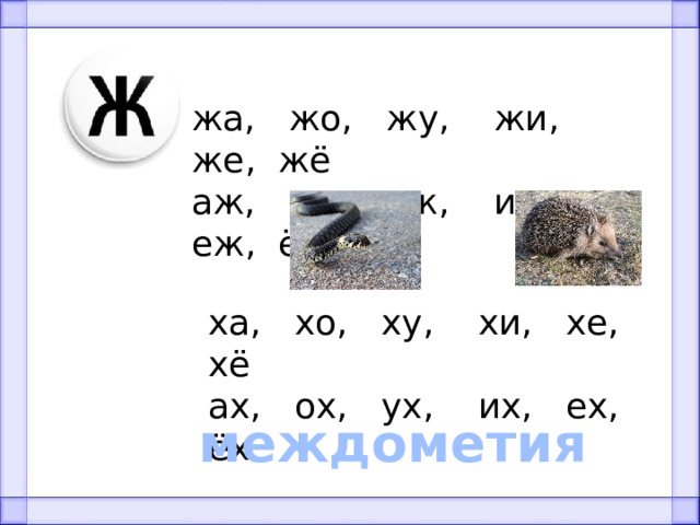 жа, жо, жу, жи, же, жё аж, ож, уж, иж, еж, ёж ха, хо, ху, хи, хе, хё ах, ох, ух, их, ех, ёх междометия 