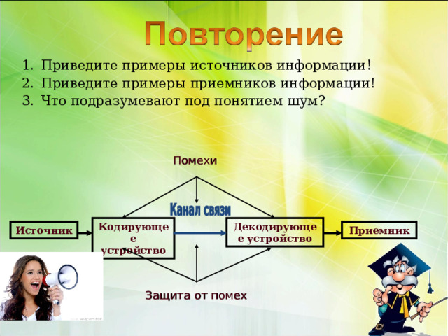 Приведите примеры источников информации! Приведите примеры приемников информации! Что подразумевают под понятием шум? Помехи  Декодирующее устройство Кодирующее устройство Приемник Источник Защита от помех 