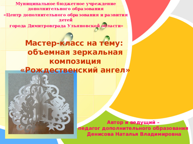 Муниципальное бюджетное учреждение дополнительного образования  «Центр дополнительного образования и развития детей  города Димитровграда Ульяновской области» Мастер-класс на тему:  объемная зеркальная композиция «Рождественский ангел» Автор и ведущий – педагог дополнительного образования Денисова Наталья Владимировна 